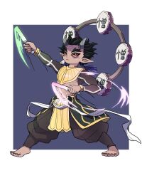 Rule 34 | 1boy, abs, arm up, armor, barefoot, black hair, black nails, black pants, closed mouth, colored sclera, dancing, demon boy, detached collar, drum, forked eyebrows, frown, full body, glowstick, hair ornament, highres, holding, holding glowstick, hoop, horns, instrument, kimetsu no yaiba, legs apart, light trail, long sleeves, looking ahead, male focus, nail polish, navel, oni, outside border, pants, pointy ears, red sclera, sash, short hair, shrug (clothing), solo, spiked hair, standing, syorororo, tassel, tassel hair ornament, text in eyes, toenail polish, toenails, toned, toned male, veins, weapon, zohakuten (kimetsu no yaiba)