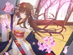Rule 34 | 1girl, absurdres, blue eyes, blush, brown hair, cherry blossoms, counter:side, daily (daily178900), hair ornament, highres, holding, holding sword, holding weapon, japanese clothes, kimono, long hair, nanahara chinatsu, obi, sash, sheath, smile, solo, sword, tree, unsheathing, very long hair, weapon