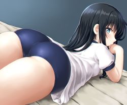 Rule 34 | 1girl, asashio (kancolle), ass, bed sheet, black hair, blue buruma, blue eyes, blush, breasts, buruma, closed mouth, dd (ijigendd), grey background, gym shirt, gym uniform, hand on own cheek, hand on own face, highres, kantai collection, long hair, looking at viewer, looking back, lying, on bed, on stomach, shirt, short sleeves, small breasts, solo, white shirt