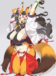 Rule 34 | 1girl, absurdres, animal ears, animal hands, animal nose, arms up, artist name, barefoot, bead bracelet, beads, black sclera, black shirt, blush, body fur, bracelet, breasts, brown fur, claws, cleavage, closed mouth, colored sclera, dated, female focus, fox ears, fox mask, fox tail, full body, furry, furry female, green eyes, grey background, groin, hair tie, hakama, hakama skirt, highres, hip vent, holding own arm, japanese clothes, jewelry, kame (3t), kimono, kneeling, knees together feet apart, large breasts, light blush, looking at viewer, mask, multiple tails, navel, nontraditional miko, open clothes, open kimono, orange fur, original, pawpads, pelvic curtain, red hakama, red skirt, revealing clothes, ribbon-trimmed skirt, ribbon trim, sash, shirt, short sleeves, side-tie skirt, signature, simple background, skindentation, skirt, sleeveless, sleeveless shirt, snout, solo, stomach, stretching, tail, two tails, white fur, white kimono