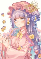 Rule 34 | 1girl, blue flower, blue ribbon, breasts, commentary request, crescent, crescent hair ornament, dress, flower, hair bun, hair flower, hair ornament, hair ribbon, hat, highres, long hair, long sleeves, looking at viewer, mob cap, mokokiyo (asaddr), nail polish, patchouli knowledge, pink dress, pink hat, purple eyes, purple hair, purple nails, ribbon, sidelocks, simple background, single hair bun, small breasts, smile, solo, touhou, upper body, white background, wide sleeves, yellow flower