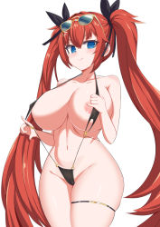 Rule 34 | 1girl, acstickers, areola slip, blue eyes, cameltoe, cleft of venus, highres, last origin, may of doom, navel, red hair, skindentation, slingshot swimsuit, smile, solo, sunglasses on head, swimsuit, thighs, twintails