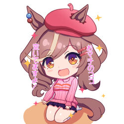 Rule 34 | 1girl, alternate costume, blush, brown hair, casual, chibi, filkia, hair ornament, hairclip, hat, lap pillow invitation, looking at viewer, matikane tannhauser (umamusume), open mouth, seiza, simple background, sitting, solo, sparkle, thighs, translation request, umamusume, white background