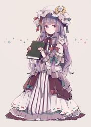 Rule 34 | 1girl, blue bow, blue ribbon, blunt bangs, blush, book, bow, bowtie, capelet, commentary, crescent, crescent hat ornament, dress, full body, hair ribbon, hands up, hat, hat ornament, hat ribbon, highres, holding, holding book, hooded dress, long dress, long hair, long sleeves, looking at viewer, mob cap, mozukuzu (manukedori), patchouli knowledge, purple eyes, purple hair, red bow, red bowtie, red ribbon, ribbon, sidelocks, simple background, solo, standing, striped clothes, striped dress, touhou, very long hair, waist cape, white background, white capelet, white dress, white hat