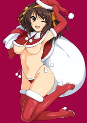 Rule 34 | 1girl, ;d, bag, bikini, bikini bottom only, boots, breasts, brown eyes, brown hair, elbow gloves, full body, gift bag, gloves, hair ribbon, hairband, haruhisky, hat, highres, holding, holding bag, large breasts, medium hair, one eye closed, open mouth, red background, red footwear, red hat, ribbon, santa costume, santa hat, simple background, smile, solo, suzumiya haruhi, suzumiya haruhi no yuuutsu, swimsuit, teeth, thigh boots, tongue, underboob, upper teeth only, yellow hairband, yellow ribbon