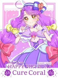 Rule 34 | 1girl, bow, bow earrings, capelet, character name, choker, cure coral, dated, dress, earrings, eyelash ornament, facial mark, fingerless gloves, gloves, hair bow, happy birthday, hat, heart, heart facial mark, heart in eye, jewelry, long hair, looking at viewer, magical girl, multi-tied hair, precure, purple capelet, purple choker, purple dress, purple hair, sailor hat, shell brooch, shell hat ornament, smile, solo, suzumura sango, symbol in eye, tanshi tanshi, tropical-rouge! precure, upper body, white gloves, yellow bow