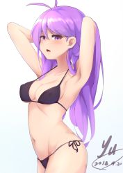 Rule 34 | 1girl, :o, absurdres, aether sage (elsword), aisha landar, antenna hair, armpits, arms up, asla yu, bikini, black bikini, black ribbon, breasts, cleavage, collarbone, cowboy shot, dated, elsword, from side, hands in hair, highres, long hair, looking at viewer, looking to the side, medium breasts, navel, open mouth, purple eyes, purple hair, ribbon, side-tie bikini bottom, signature, solo, standing, stomach, string bikini, swimsuit, tsurime, very long hair, white background