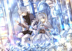 Rule 34 | 1boy, 1girl, anastasia (fate), animal, black shirt, blue cloak, blue eyes, blue sky, blush, brown hairband, bug, butterfly, cloak, closed mouth, cloud, commentary request, dress, earrings, eyes visible through hair, fate/grand order, fate (series), fur-trimmed jacket, fur trim, grey jacket, hair between eyes, hair ornament, hair over one eye, hairband, highres, indoors, insect, iroha (shiki), jacket, jewelry, kadoc zemlupus, leaf hair ornament, long hair, long sleeves, open clothes, open jacket, pants, shirt, silver hair, sky, smile, snowflakes, transparent, very long hair, white dress, white pants, window