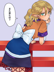 Rule 34 | 1girl, against railing, arm warmers, bad id, bad pixiv id, blonde hair, blue background, blue skirt, brown shirt, commentary request, cowboy shot, elbow rest, expressionless, green eyes, hair between eyes, head in hand, head rest, highres, leaning forward, looking at viewer, looking back, medium hair, mizuhashi parsee, pointy ears, ponytail, railing, sash, shirt, short sleeves, sibata maru, simple background, skirt, solo, standing, touhou, translation request