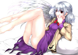 Rule 34 | 1girl, absurdres, bad id, bad pixiv id, bare legs, barefoot, bean bag chair, bow, bowtie, brooch, closed mouth, dress, feathered wings, from side, highres, jacket, jewelry, kishin sagume, knees up, long sleeves, looking at viewer, looking to the side, lying, on back, open clothes, open jacket, panties, pantyshot, purple dress, red bow, red bowtie, red eyes, silver hair, single wing, smile, solo, sudako (dai011305), touhou, underwear, white panties, white wing, wings