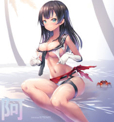 Rule 34 | 1girl, agano (kancolle), aqua eyes, artist name, bare legs, bare shoulders, beach, bikini, bikini bottom only, black hair, black neckerchief, blunt bangs, blush, breasts, cleavage, closed mouth, collarbone, crab, dated, day, elbow gloves, feet out of frame, gloves, highres, kantai collection, large breasts, long hair, looking at viewer, navel, neckerchief, outdoors, palm tree, sand, sarong, shade, shiny skin, shirt, signature, sitting, smile, solo, stomach, straight hair, swimsuit, thigh strap, thighs, torn clothes, torn sarong, torn shirt, tree, water, wet, white bikini, white gloves