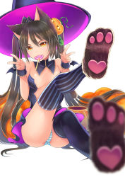 Rule 34 | 1girl, animal ears, asymmetrical legwear, bad id, bad pixiv id, breasts, brown eyes, brown hair, candy, cat ears, cleavage, detached collar, double v, food, halloween, hat, highres, lollipop, mismatched legwear, mouth hold, original, panties, pantyshot, revealing clothes, sakurai unan, simple background, sitting, solo, striped clothes, striped legwear, striped panties, striped thighhighs, thighhighs, twintails, underwear, v, vertical-striped clothes, vertical-striped thighhighs, witch hat, wrist cuffs