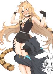 Rule 34 | 1other, 2girls, :d, ?, absurdres, ahoge, amiya (arknights), animal ear fluff, animal ears, arknights, arms up, bare shoulders, black dress, black gloves, black jacket, blonde hair, blush, breasts, center opening, chibi, cleavage, collarbone, commentary, doctor (arknights), dress, fingerless gloves, flying sweatdrops, gloves, highres, hood, hood down, hooded jacket, hugging another&#039;s leg, jacket, long hair, medium breasts, multiple girls, nervous smile, nose blush, open mouth, parted bangs, rabbit ears, radioneet, ringlets, simple background, single glove, smile, striped tail, swire (arknights), swire the elegant wit (arknights), tail, tiger ears, tiger girl, tiger tail, very long hair, white background