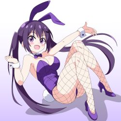 Rule 34 | 1girl, animal ears, bow, bowtie, breasts, cleavage, detached collar, fake animal ears, fishnet pantyhose, fishnets, gochuumon wa usagi desu ka?, gradient background, highres, leotard, long hair, medium breasts, pantyhose, playboy bunny, purple bow, purple bowtie, purple eyes, purple hair, purple leotard, rabbit ears, rabbit tail, sakuzo, smile, solo, tail, tedeza rize, twintails, white background, wrist cuffs