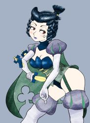 Rule 34 | 1girl, 2018, beatrix (skullgirls), black hair, blue background, blue lips, blush stickers, braid, breasts, cape, cleavage, corset, cowboy shot, detached collar, detached sleeves, garter straps, highres, juliet sleeves, knife, leaning forward, long sleeves, pata n, pompadour, puffy sleeves, red eyes, skullgirls, solo, stab, thighhighs, topknot