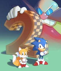 Rule 34 | 3boys, absurdres, angry, clenched teeth, closed mouth, commentary, derivative work, dr. eggman, english commentary, facial hair, fox boy, fox tail, furry, furry male, goggles, highres, multiple boys, multiple tails, mustache, phons0, red footwear, shoes, smile, sneakers, sonic (series), sonic the hedgehog, sonic the hedgehog (classic), sonic the hedgehog 2, tail, tails (sonic), teeth, two tails