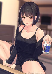 Rule 34 | 1girl, absurdres, bare legs, bare shoulders, barefoot, black camisole, black cardigan, black hair, black ribbon, black shorts, blurry, blurry background, breasts, brown eyes, camisole, cardigan, cleavage, collarbone, commentary request, depth of field, hand on own leg, highres, kagematsuri, long sleeves, medium breasts, off shoulder, open cardigan, open clothes, original, parted lips, ribbed camisole, ribbed cardigan, ribbed shorts, ribbon, short hair, short shorts, shorts, sitting, solo, sweater