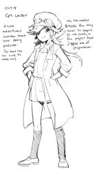 Rule 34 | 1girl, :p, bow, cabbie hat, character name, character profile, english text, eyepatch, ge-b, goggles, greyscale, hair over one eye, hands in pockets, hat, highres, kneehighs, lab coat, loafers, long hair, monochrome, original, school uniform, shoes, sketch, socks, solo, spiked hair, tongue, tongue out