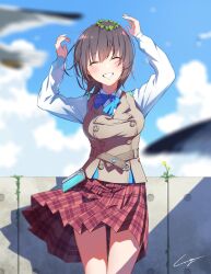Rule 34 | 1girl, aoi erika, belt, bird, blue bow, blue sky, blush, bow, brown vest, buttons, double-breasted, gomi chihiro, grin, happy, head wreath, heaven burns red, highres, pleated skirt, seagull, shirt, short hair, skirt, sky, smile, solo, vest, white shirt