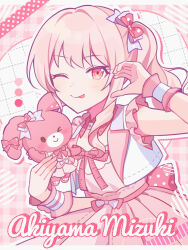 Rule 34 | 1other, akiyama mizuki, animal, bonbonribbon, bow, bowtie, character name, color guide, commentary, cropped jacket, detached collar, dress, drop shadow, grid background, hair bow, half-heart hands, highres, holding, holding animal, jacket, letterboxed, one eye closed, pink background, pink bow, pink bowtie, pink dress, pink eyes, pink hair, pink wrist cuffs, plaid, plaid background, polka dot, polka dot bow, project sekai, sanrio, side ponytail, waka (wk4444), white jacket, wrist cuffs