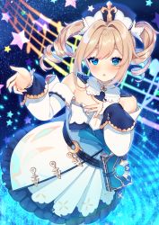 Rule 34 | 1girl, absurdres, barbara (genshin impact), belt, blonde hair, blue eyes, blush, cross, detached sleeves, dress, drill hair, genshin impact, highres, latin cross, long sleeves, looking at viewer, musical note, open mouth, priestess, solo, staff (music), star (symbol), twin drills, twintails, white dress, white headwear, white sleeves
