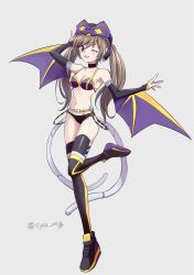 Rule 34 | 1girl, brown eyes, brown hair, chaya mago, choker, commentary request, cosplay, detached sleeves, duel monster, full body, harpy, highres, i:p masquerena, monster girl, one eye closed, revealing clothes, shoes, sneakers, solo, thighhighs, tongue, tongue out, twintails, winged arms, wings, yu-gi-oh!, yu-gi-oh! duel monsters