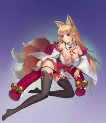 Rule 34 | &gt;:/, 1girl, :/, animal ear fluff, animal ears, armpits, bare shoulders, bell, black panties, black thighhighs, blonde hair, blue eyes, blush, bracelet, breasts, closed mouth, detached collar, facial mark, fingernails, forehead mark, fox ears, fox tail, full body, groin, hair ornament, highres, itoucon, japanese clothes, jewelry, jingle bell, kimono, long fingernails, long hair, long sleeves, medium breasts, multiple tails, nail polish, nipples, obi, off shoulder, one breast out, original, panties, panty pull, sash, sidelocks, solo, tail, thighhighs, underwear, v-shaped eyebrows, white nails, wide sleeves