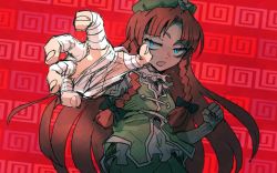 Rule 34 | 1girl, bandages, blue eyes, braid, chinese clothes, hair ribbon, hat, hong meiling, long hair, looking at viewer, meimaru inuchiyo, outstretched hand, red background, red hair, ribbon, solo, touhou, twin braids