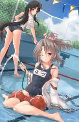 Rule 34 | 2girls, barefoot, black hair, black one-piece swimsuit, blush, brown eyes, cloud, collarbone, day, empty pool, hachimaki, headband, high ponytail, highres, holding, holding hose, hose, k jie, kantai collection, light brown hair, long hair, low-tied long hair, multiple girls, name tag, one-piece swimsuit, one eye closed, partially submerged, pool, red shorts, school swimsuit, shorts, shouhou (kancolle), sitting, sky, swimsuit, very long hair, wariza, water, zuihou (kancolle)