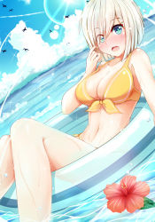 Rule 34 | 10s, 1girl, bikini, bird, blue eyes, blush, breasts, cleavage, cloud, day, dutch angle, flower, front-tie top, hamakaze (kancolle), hibiscus, highres, igayan, innertube, kantai collection, large breasts, looking at viewer, navel, ocean, open mouth, partially submerged, short hair, silver hair, sky, solo, sparkle, sunlight, swim ring, swimsuit, water, water drop, wavy mouth, wet, yellow bikini