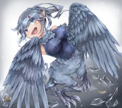 Rule 34 | 1girl, bird legs, blue eyes, blue hair, feathered wings, feathers, female focus, harpy, highres, monster girl, open mouth, original, pippi (artist), pointy ears, solo, winged arms, wings