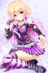 Rule 34 | 10s, 1girl, belt, belt boots, black footwear, black gloves, blonde hair, blush, boots, closed mouth, clothes writing, collar, collarbone, cross-laced clothes, detached sleeves, eva 16-gouki, eyebrows, finger to mouth, fingerless gloves, gloves, hair between eyes, idolmaster, idolmaster cinderella girls, jewelry, key, lock, long hair, long sleeves, looking at viewer, miniskirt, multicolored hair, ninomiya asuka, off-shoulder shirt, off shoulder, outstretched arm, padlock, patterned, pendant, petals, plaid, plaid skirt, pleated skirt, polka dot, polka dot background, print shirt, purple eyes, purple skirt, reaching, shirt, single glove, skirt, smile, solo, striped clothes, striped thighhighs, thighhighs, two-tone hair