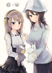 Rule 34 | 10s, 2girls, bad id, bad pixiv id, bandages, blue shirt, blush, boko (girls und panzer), bow, bowtie, brown eyes, brown hair, collared shirt, commentary request, cowboy shot, dress shirt, figurehead (artist), girls und panzer, hair ribbon, hairband, hat, holding, holding hands, interlocked fingers, light brown hair, long hair, long sleeves, looking at viewer, mika (girls und panzer), moomin, moomintroll, multiple girls, open mouth, pleated skirt, ribbon, shimada arisu, shirt, side ponytail, skirt, smile, striped clothes, striped shirt, stuffed animal, stuffed toy, suspender skirt, suspenders, teddy bear, vertical-striped clothes, vertical-striped shirt, white shirt, yuri