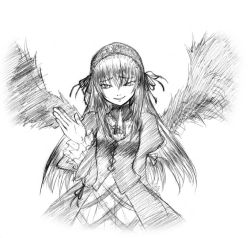 Rule 34 | 00s, 1girl, cowboy shot, evil smile, flower, frilled sleeves, frills, greyscale, hairband, lolita hairband, long sleeves, looking at viewer, monochrome, parted lips, rose, rozen maiden, simple background, sketch, smile, solo, suigintou, white background, wings