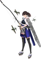Rule 34 | 1girl, absurdres, black thighhighs, bow (weapon), brown eyes, brown hair, full body, hair between eyes, hakama, hakama short skirt, hakama skirt, highres, holding, holding bow (weapon), holding weapon, japanese clothes, kaga (kancolle), kaga kai ni (kancolle), kantai collection, long hair, name connection, official art, sandals, shibafu (glock23), side ponytail, skirt, solo, thighhighs, transparent background, weapon, zouri