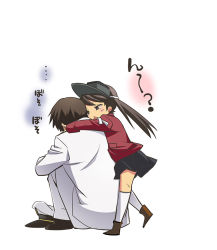 Rule 34 | 10s, 1boy, 1girl, admiral (kancolle), brown eyes, brown hair, hat, hetero, hug, hug from behind, kantai collection, kouhou no nin, long hair, long sleeves, military, military uniform, personification, primary stage, ryuujou (kancolle), skirt, translation request, twintails, uniform, visor cap