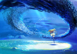 Rule 34 | 1girl, animal, bare arms, bare legs, barefoot, blonde hair, blue skin, blue theme, caustics, colored skin, commentary request, dress, fish, floating hair, light rays, long hair, mugon, ocean, original, outstretched arm, rock, sand, sardine, scenery, shadow, sleeveless, sleeveless dress, solo, sunbeam, sundress, sunlight, underwater, very long hair, white dress, wide shot