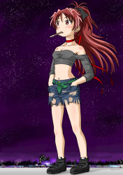 Rule 34 | 1girl, bare legs, bare shoulders, black footwear, black ribbon, black shirt, blush, breasts, choker, city, cleavage, collarbone, commentary request, crop top, cutoffs, denim, denim shorts, fang, food, food in mouth, full body, green sash, hair ribbon, hands in pockets, high ponytail, highres, jeans, knives (knives777), long hair, long sleeves, mahou shoujo madoka magica, mahou shoujo madoka magica (anime), midriff, mouth hold, navel, night, night sky, off-shoulder shirt, off shoulder, outdoors, pants, pocky, ponytail, red choker, red eyes, red hair, red ribbon, ribbon, ribbon choker, sakura kyoko, sash, shirt, shoes, shorts, sky, small breasts, solo, standing, star (sky), starry sky, stomach, thighs, torn clothes, torn jeans, torn pants
