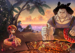 1girl 2boys absurdres aged_down beach black_hair chew_(one_piece) closed_mouth commentary cooking cup doughnut_innertube drinking_straw english_commentary erupan fish_boy flower grill grilling hair_flower hair_ornament hand_fan highres holding holding_cup holding_fan koala_(one_piece) kuroobi light_brown_hair long_mouth multiple_boys one_piece palm_tree shirt skewer sunset swimsuit t-shirt tree twintails