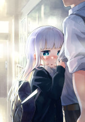 Rule 34 | 1boy, 1girl, :o, aharen-san wa hakarenai, aharen reina, aqua eyes, backlighting, bag, blouse, blush, cardigan, clothes grab, collared shirt, commentary request, crying, crying with eyes open, head out of frame, height difference, highres, indoors, light purple hair, long hair, long sleeves, matsuboshi raidou, mizu asato, nose blush, official art, open mouth, petite, runny nose, school bag, school uniform, shirt, sleeves rolled up, snot, tears, white shirt