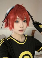 Rule 34 | aiba takumi, aiba takumi (cosplay), blue eyes, cosplay, digimon, goggles, goggles on head, highres, photo (medium), real life, red hair, short hair