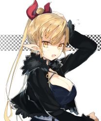 Rule 34 | 1girl, arm up, bad id, bad pixiv id, belphe gor bacchus, blonde hair, breasts, cleavage, cropped jacket, from side, fur trim, hair ornament, jacket, large breasts, looking at viewer, open clothes, open jacket, open mouth, original, pointy ears, ponytail, solo, suminagashi, sweatdrop, upper body, yellow eyes