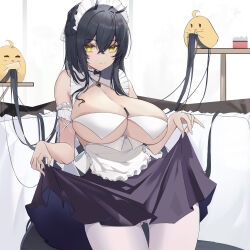 Rule 34 | 1girl, absurdres, ahoge, apron, arm garter, azur lane, between breasts, black dress, black hair, breasts, card, card between breasts, center opening, chinese commentary, cleavage, closed mouth, comb, cowboy shot, crossed bangs, dress, eyelashes, gluteal fold, hair between eyes, highres, indomitable (azur lane), indomitable (ms. motivationless maid) (azur lane), large breasts, long hair, looking at viewer, maid, maid apron, maid headdress, manjuu (azur lane), official alternate costume, pantyhose, qiyueban, revealing clothes, skindentation, skirt hold, sleeveless, sleeveless dress, smile, solo, thigh gap, very long hair, white pantyhose, yellow eyes