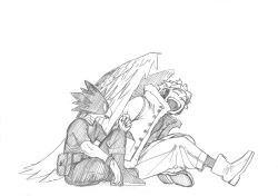Rule 34 | 2boys, absurdres, boku no hero academia, boots, closed eyes, commentary request, feathered wings, full body, greyscale, hawks (boku no hero academia), highres, horikoshi kouhei, jacket, laughing, male focus, monochrome, multiple boys, open mouth, pants, shirt, sitting, sketch, tokoyami fumikage, wings