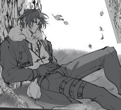 Rule 34 | 1boy, chain necklace, closed mouth, cropped jacket, falling leaves, feet out of frame, final fantasy, final fantasy viii, gloves, grass, greyscale, hair between eyes, jewelry, leaf, long sleeves, male focus, monochrome, necklace, outdoors, pants, parted bangs, scar, scar on face, scar on forehead, shio ga, shirt, short hair, sitting, sketch, solo, squall leonhart, thigh strap, tree, under tree, white shirt