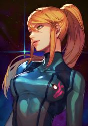 Rule 34 | 1girl, absurdres, blonde hair, blue bodysuit, bodysuit, breasts, green eyes, high ponytail, highres, hungry clicker, jumpsuit, long hair, looking to the side, md5 mismatch, medium breasts, metroid, nintendo, ponytail, portrait, resolution mismatch, samus aran, skin tight, smile, solo, source smaller, space, star (sky), zero suit