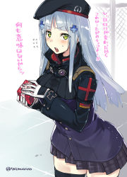 Rule 34 | 1girl, beret, black hat, black jacket, black thighhighs, blunt bangs, blush, box, breasts, buttons, cross, facial mark, gift, gift box, girls&#039; frontline, gloves, green eyes, grey skirt, hair ornament, hat, high collar, hk416 (girls&#039; frontline), iron cross, jacket, long hair, long sleeves, looking at viewer, medium breasts, open mouth, plaid, plaid skirt, silver hair, skirt, solo, super zombie, teardrop, thighhighs, thighs, translation request, valentine, white gloves