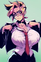 Rule 34 | 1girl, breasts, brown hair, choker, covered erect nipples, ear piercing, glasses, green background, highres, jacket, large breasts, looking at viewer, necktie, open clothes, open jacket, original, piercing, red eyes, short hair, standing, sweat, upper body, yves bigerel