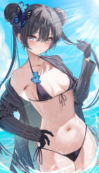 Rule 34 | 1girl, :/, absurdres, bikini, black bikini, black gloves, black hair, blue archive, blue sky, blush, breasts, butterfly hair ornament, closed mouth, coat, double bun, gloves, grey eyes, hair bun, hair ornament, hand on own hip, hand up, highres, kisaki (blue archive), navel, side-tie bikini bottom, sky, small breasts, solo, stomach, swimsuit, tansuan (ensj3875), trench coat, twintails, wading, water, wet