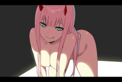 Rule 34 | 10s, 1girl, :q, all fours, aqua eyes, areola slip, breasts, collarbone, darling in the franxx, eyeliner, hair censor, hanging breasts, head tilt, horns, letterboxed, long hair, makeup, medium breasts, nude, pink hair, sidelocks, sky-freedom, smile, solo, tongue, tongue out, zero two (darling in the franxx)